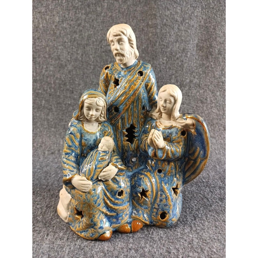Holy Family Nativity Scene Ceramic Tealight Cand Holder Blue and Gold